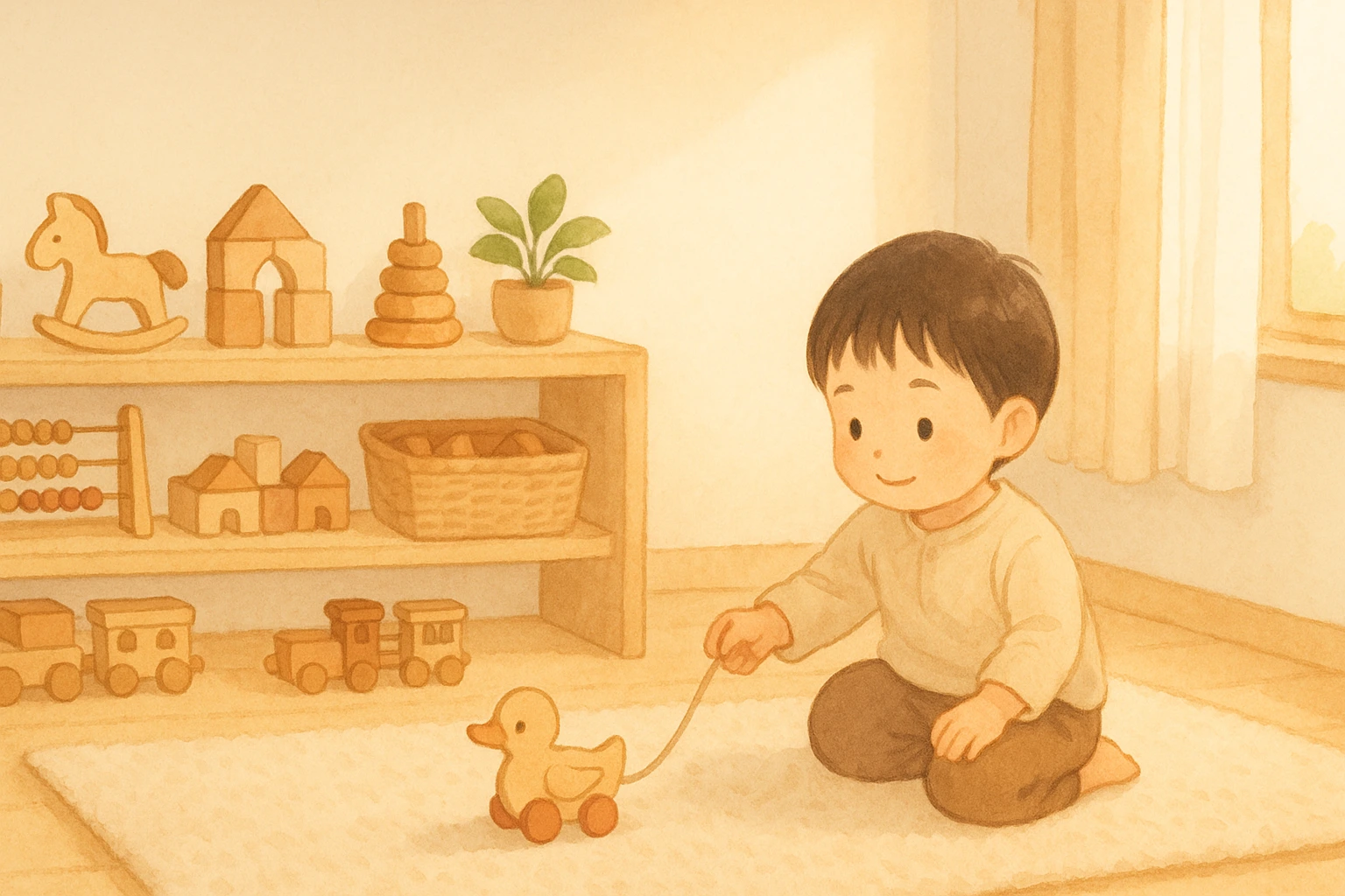 木のおもちゃのある部屋で遊ぶ子ども
